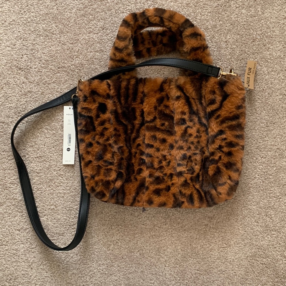 Aqua faux fur leopard mini tote